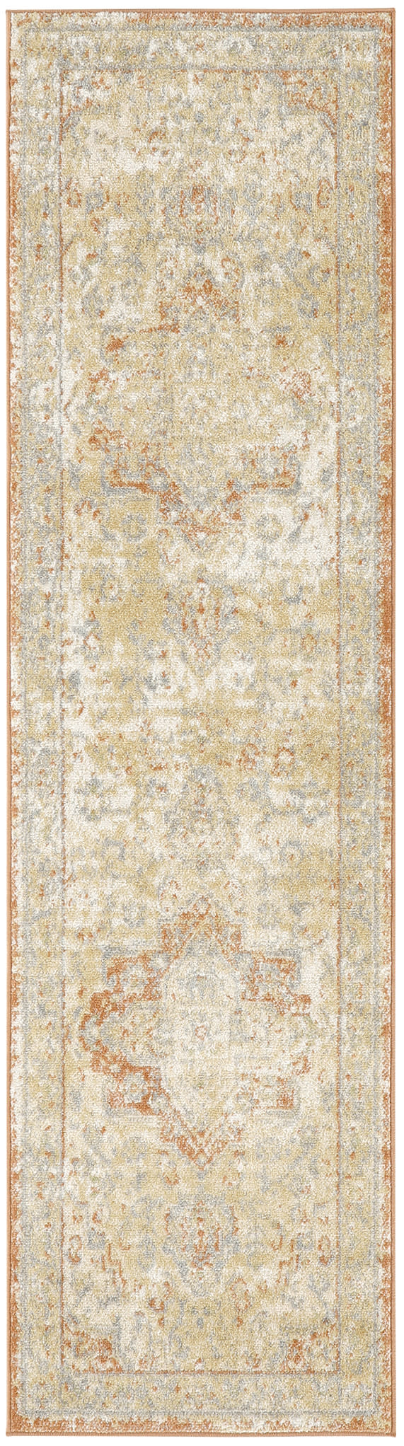 Rectangular distressed oriental runner rug with cream, beige, pale blue and orange hues and a faded border.