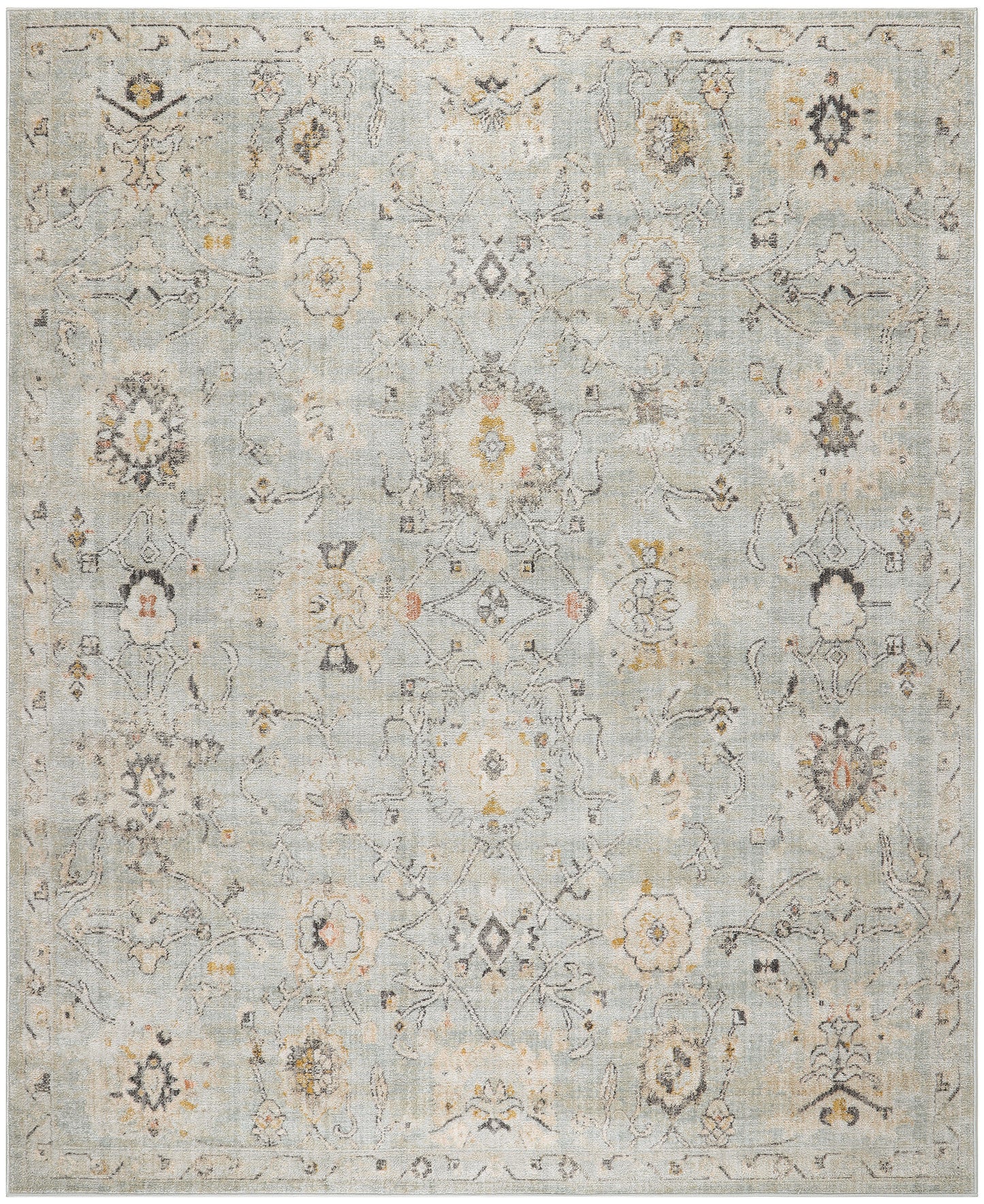 Light blue distressed oriental rug with faded ivory floral medallions, beige and pale yellow accents.