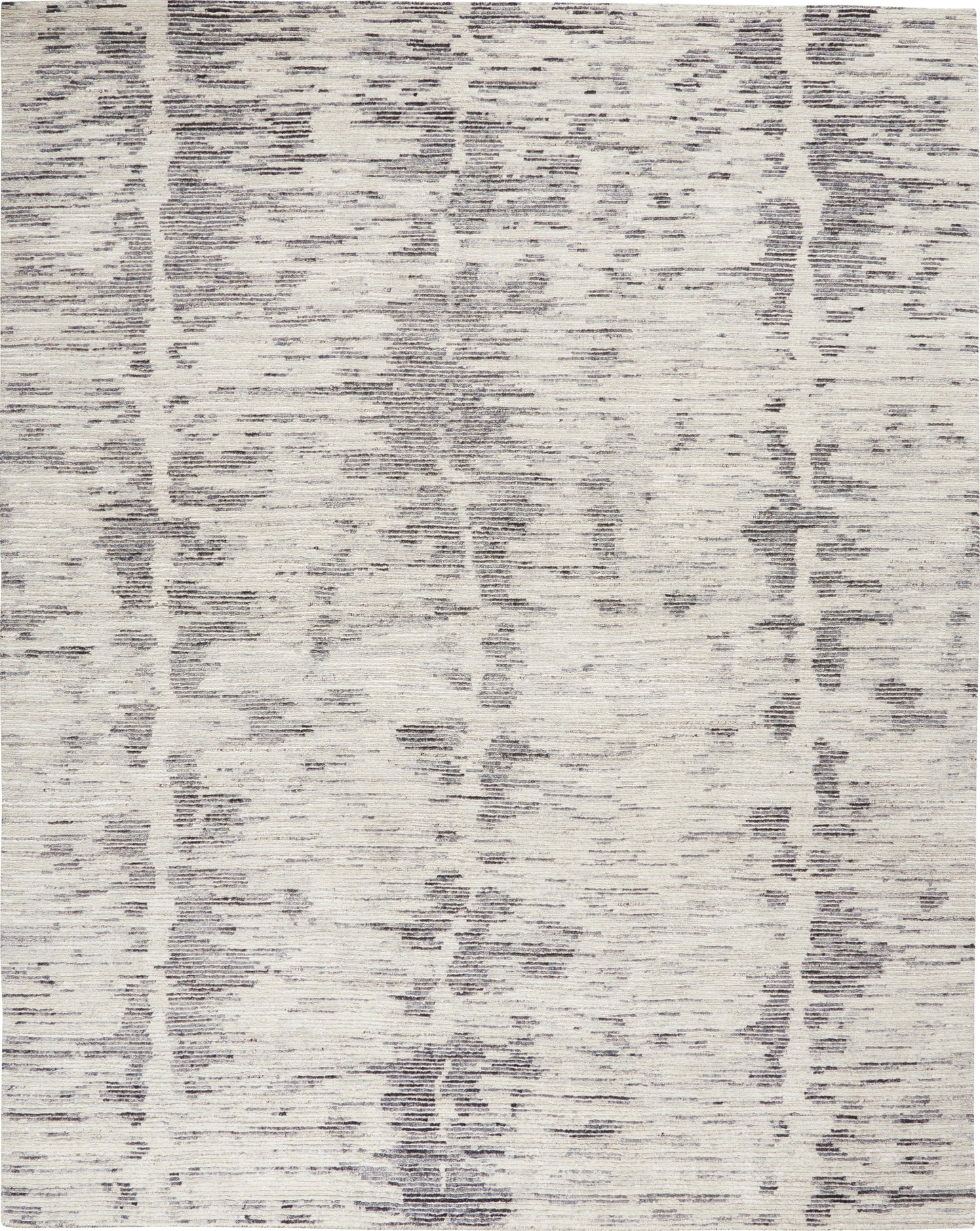 Rectangular cream and gray distressed-pattern rug with an abstract, woven texture.