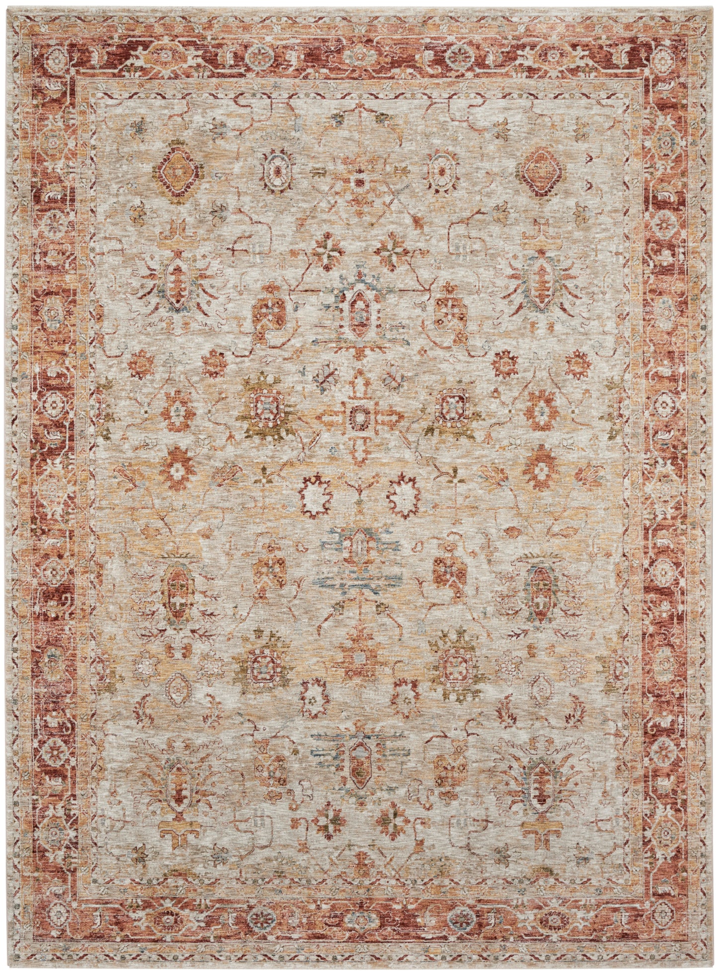 Rectangular vintage oriental rug with warm beige field, red rust border, and faded floral motifs in rust, blue, and olive.