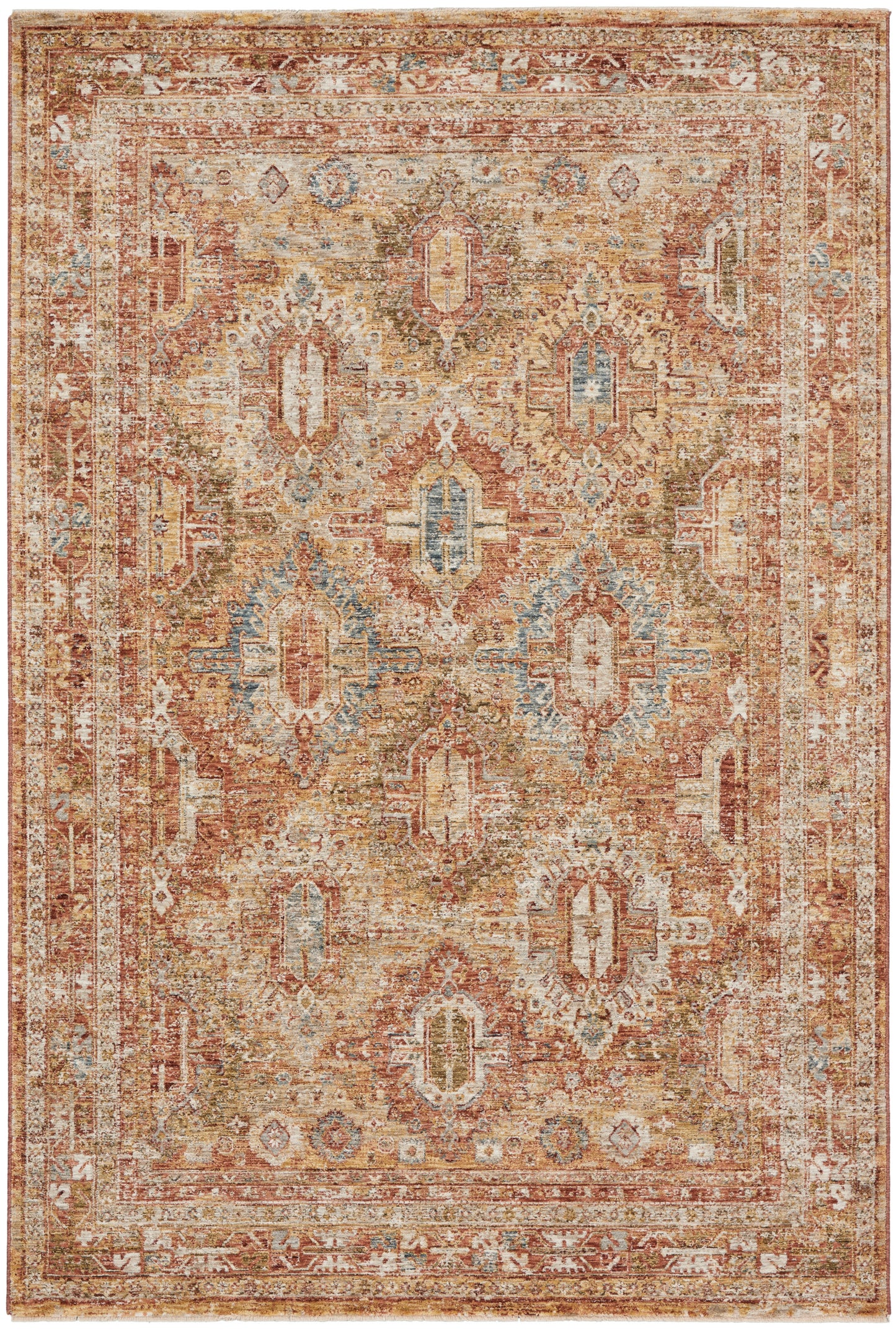 Distressed oriental rug with warm browns, reds, beiges and pale blue; geometric medallions and an ornate border.