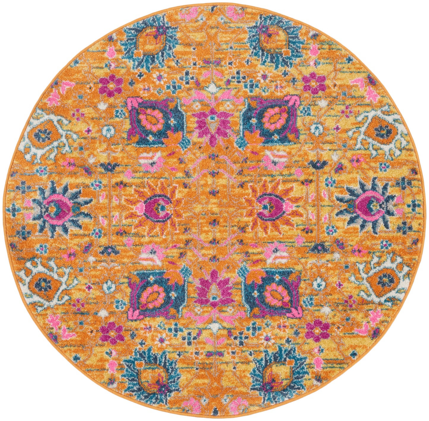 Round orange rug with a vivid pink, teal and blue floral pattern in a Persian-inspired design.
