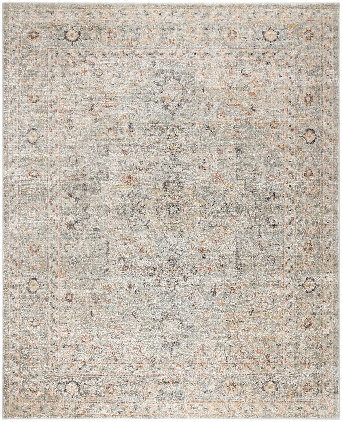 Rectangular distressed gray-beige oriental rug with faded medallion motif, ivory border and subtle rust/blue accents.