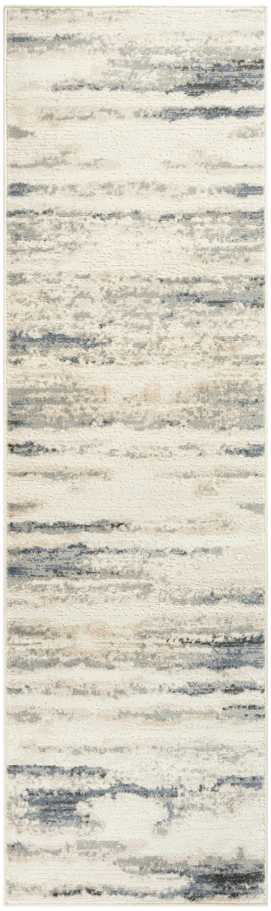 Rectangular abstract area rug with cream backdrop & blue-gray brushstroke pattern; modern, soft plush texture.