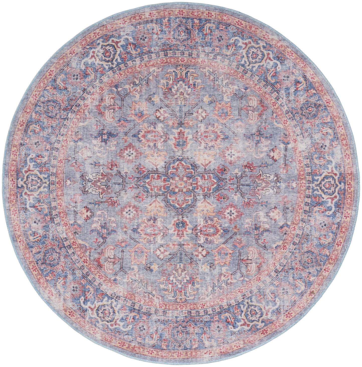 Round rug in pastel blue-pink tones with ornate floral medallion and decorative border; Persian-inspired vintage style.