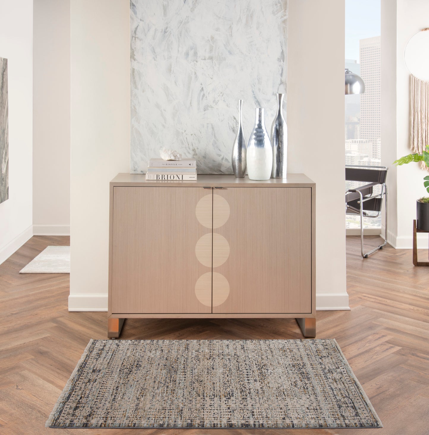 Beige vintage 3' x 5' rug in a modern living space.