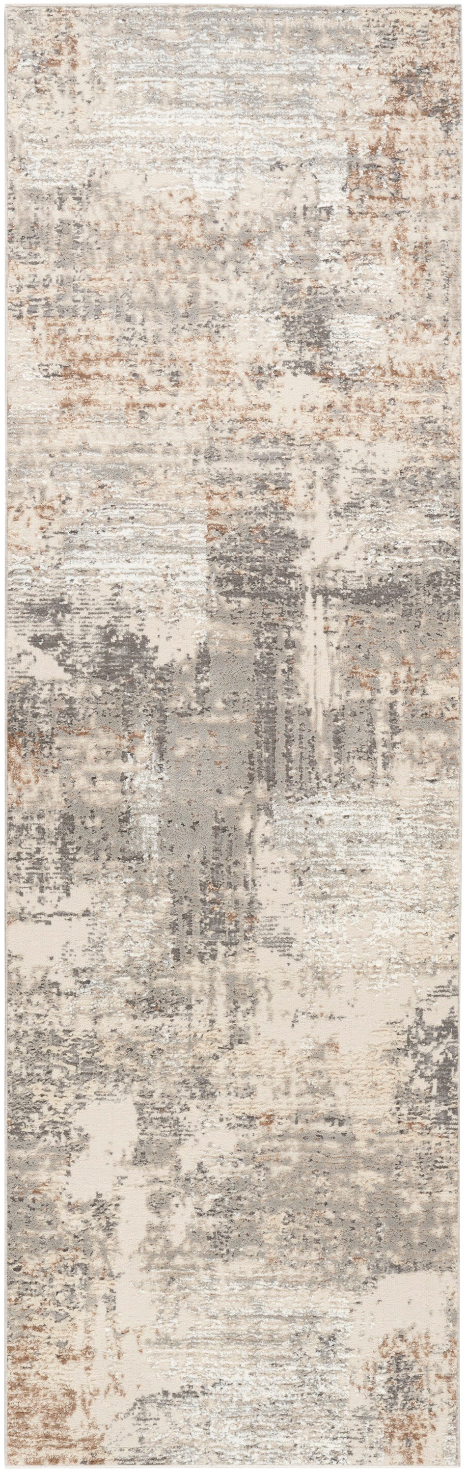 Rectangular runner rug with a neutral, distressed abstract pattern in beige, gray & taupe with brown accents.