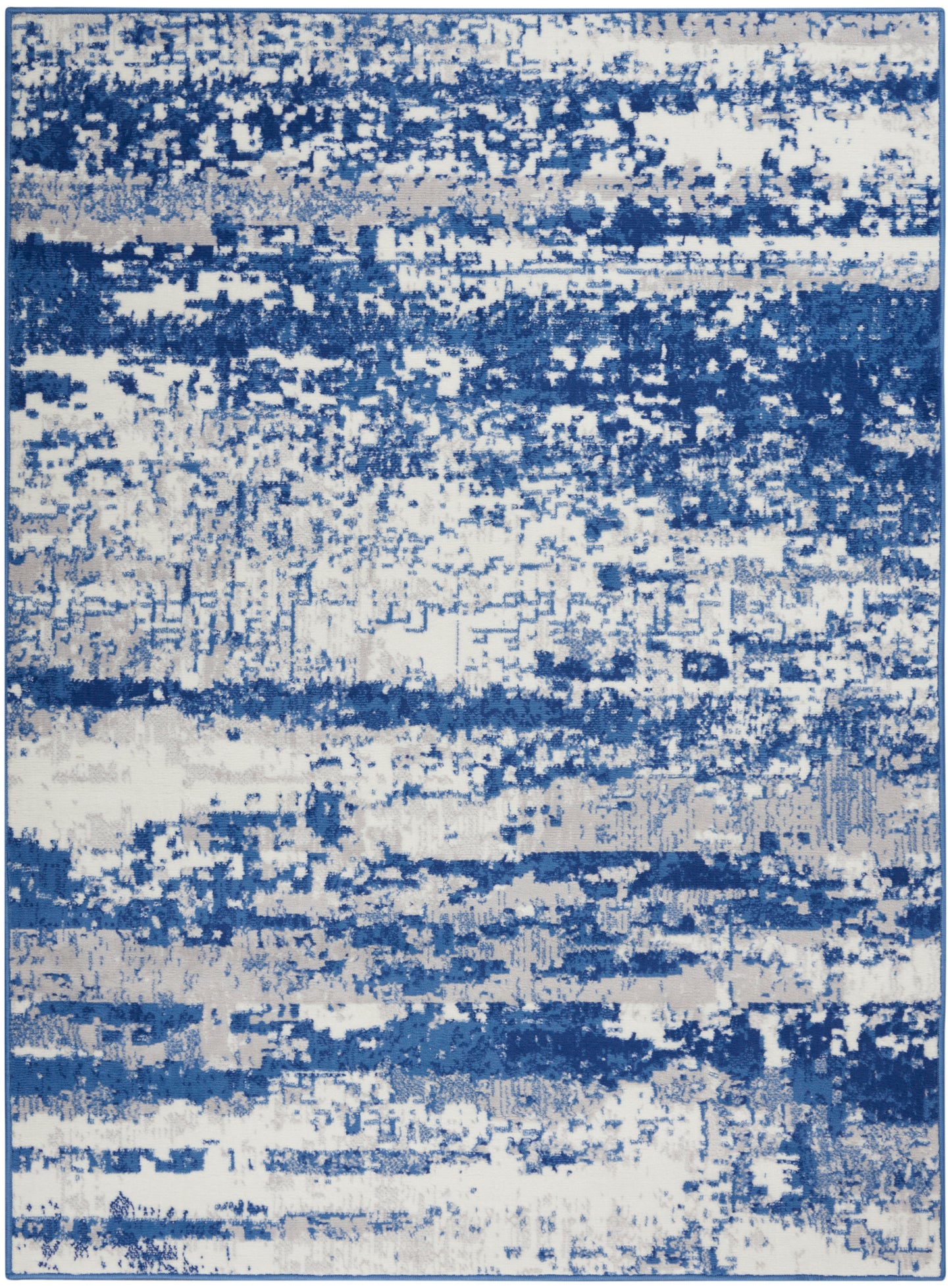 Rectangular area rug with an abstract blue & ivory distressed pattern for modern living spaces.