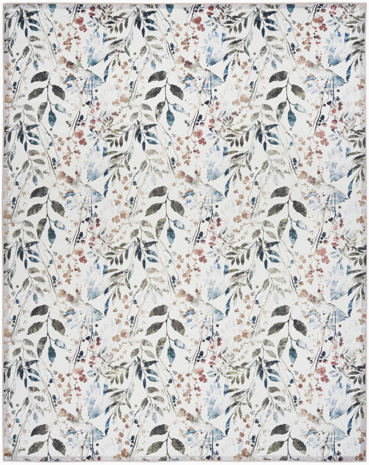 Floral botanical area rug with cream backdrop, blue-green leaves and pink berries; decorative, soft home decor.