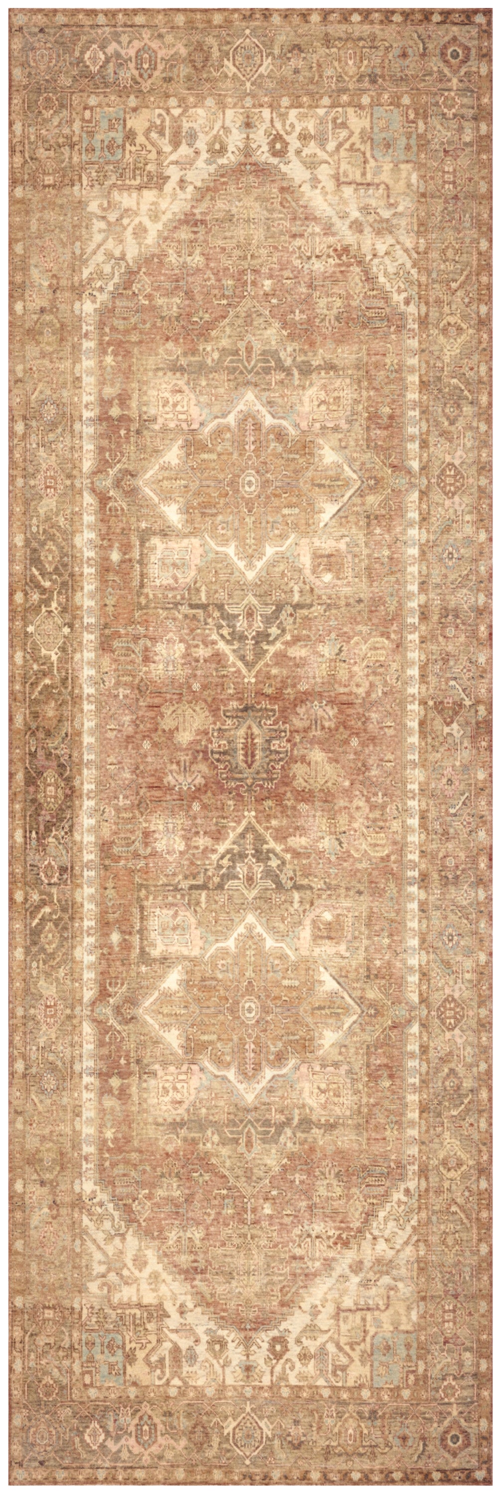 Vintage beige-toned oriental rug runner with central medallion and ornate floral border, faded rose highlights.