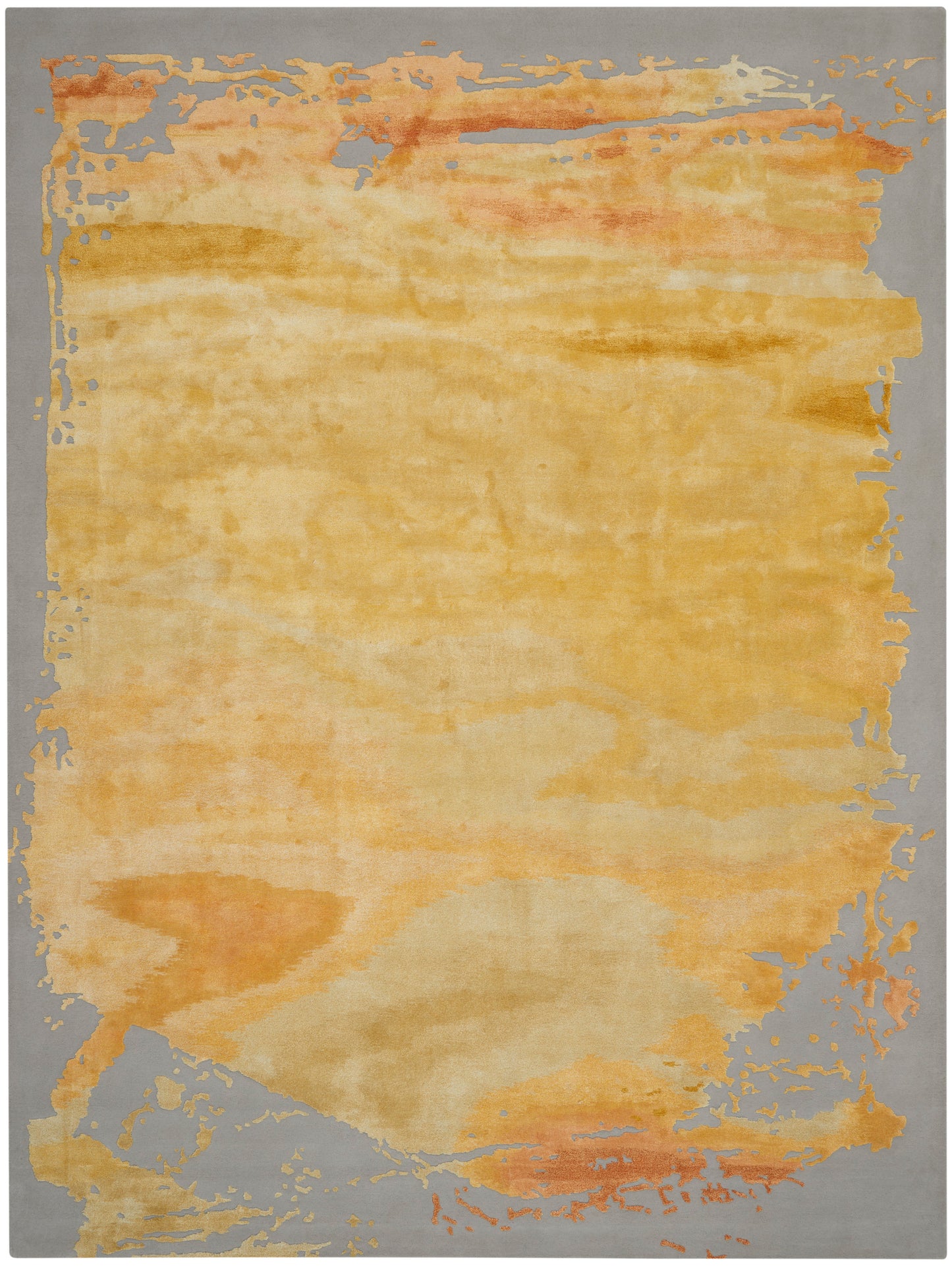 Distressed abstract rug with warm ochre and apricot tones on a gray border; large faded beige center, worn edge detailing.