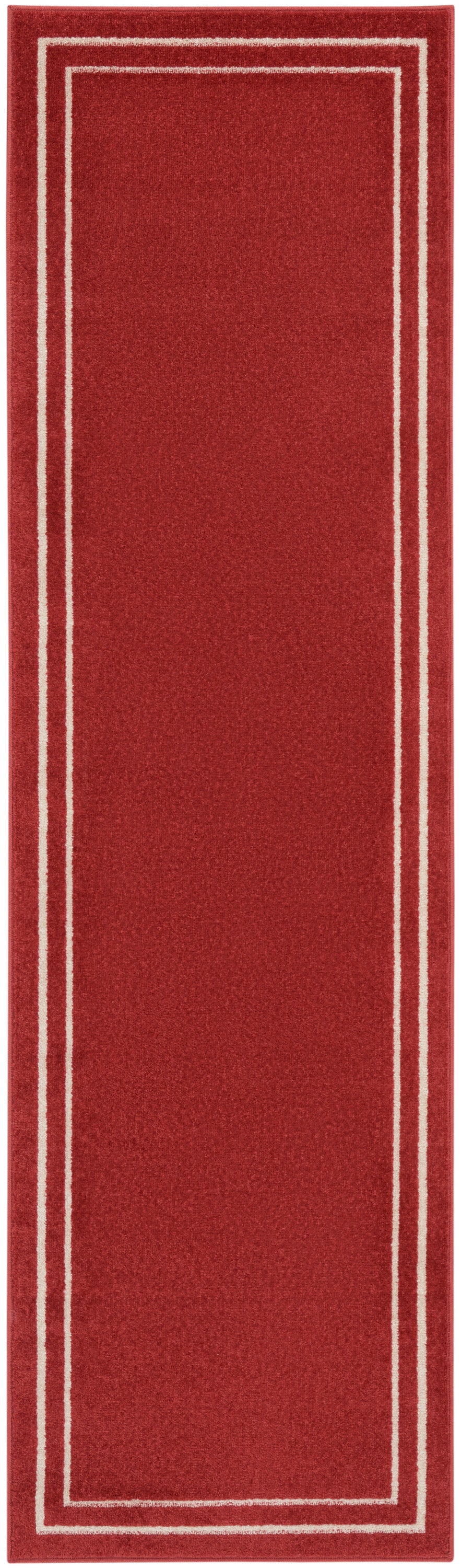 Red rectangular rug runner with plush pile and white double border stripes along the edges.