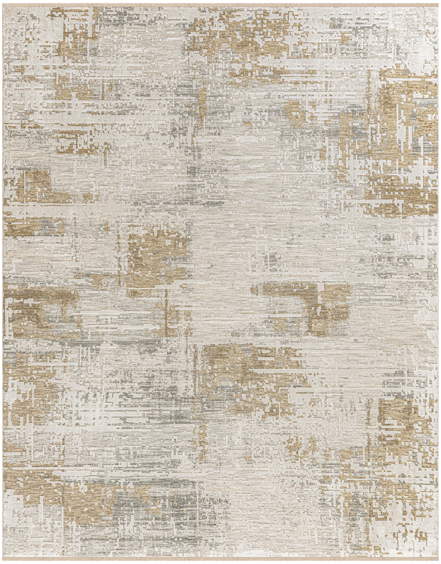 Neutral abstract area rug in beige, taupe, and gray with distressed patchwork pattern.