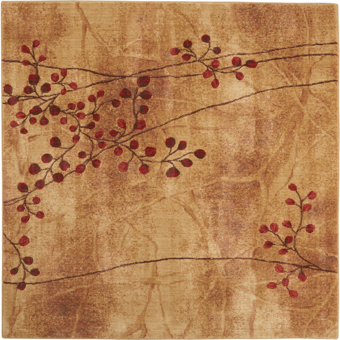 Beige square area rug with brown botanical branches and red berries on a mottled gold background.