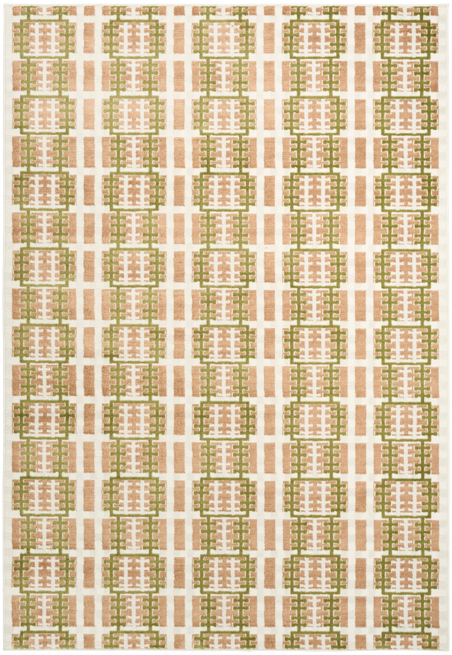 Rectangular woven rug with repeating green square lattices and peach vertical bars on a cream background.