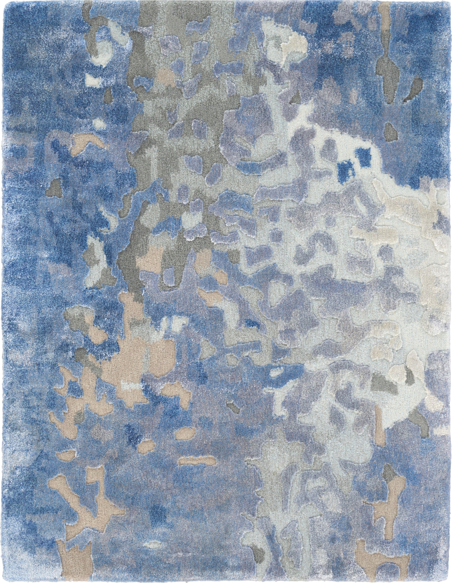 Soft abstract area rug with blue, gray & beige tones in a cloud-like pattern; modern contemporary style.