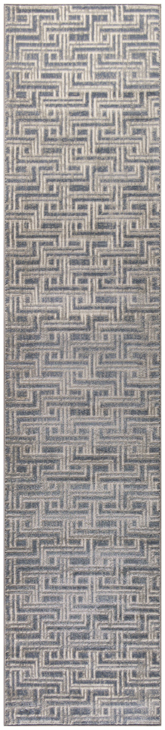 Blue-gray and ivory runner rug with a geometric maze pattern and textured woven surface.