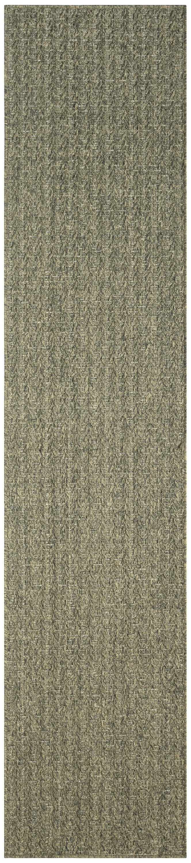 Long rectangular hallway rug runner in olive-taupe loop-pile with tweed texture.