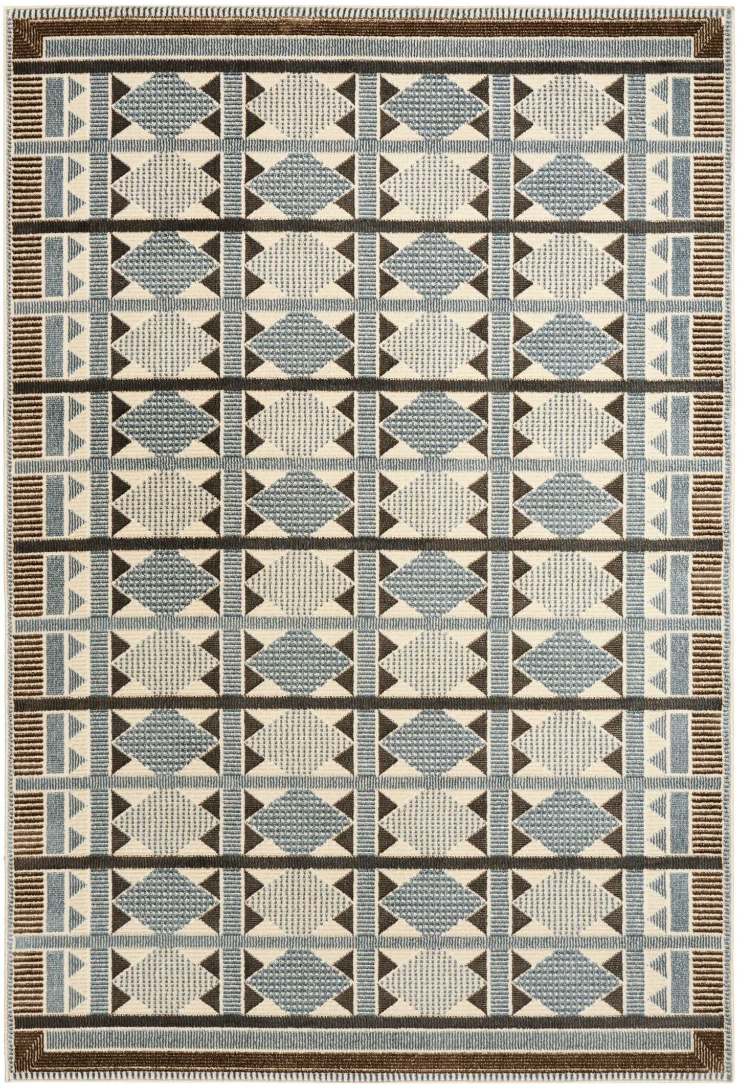 Rectangular geometric area rug with blue, cream and brown diamonds and triangles, bordered linear stripes, modern style.