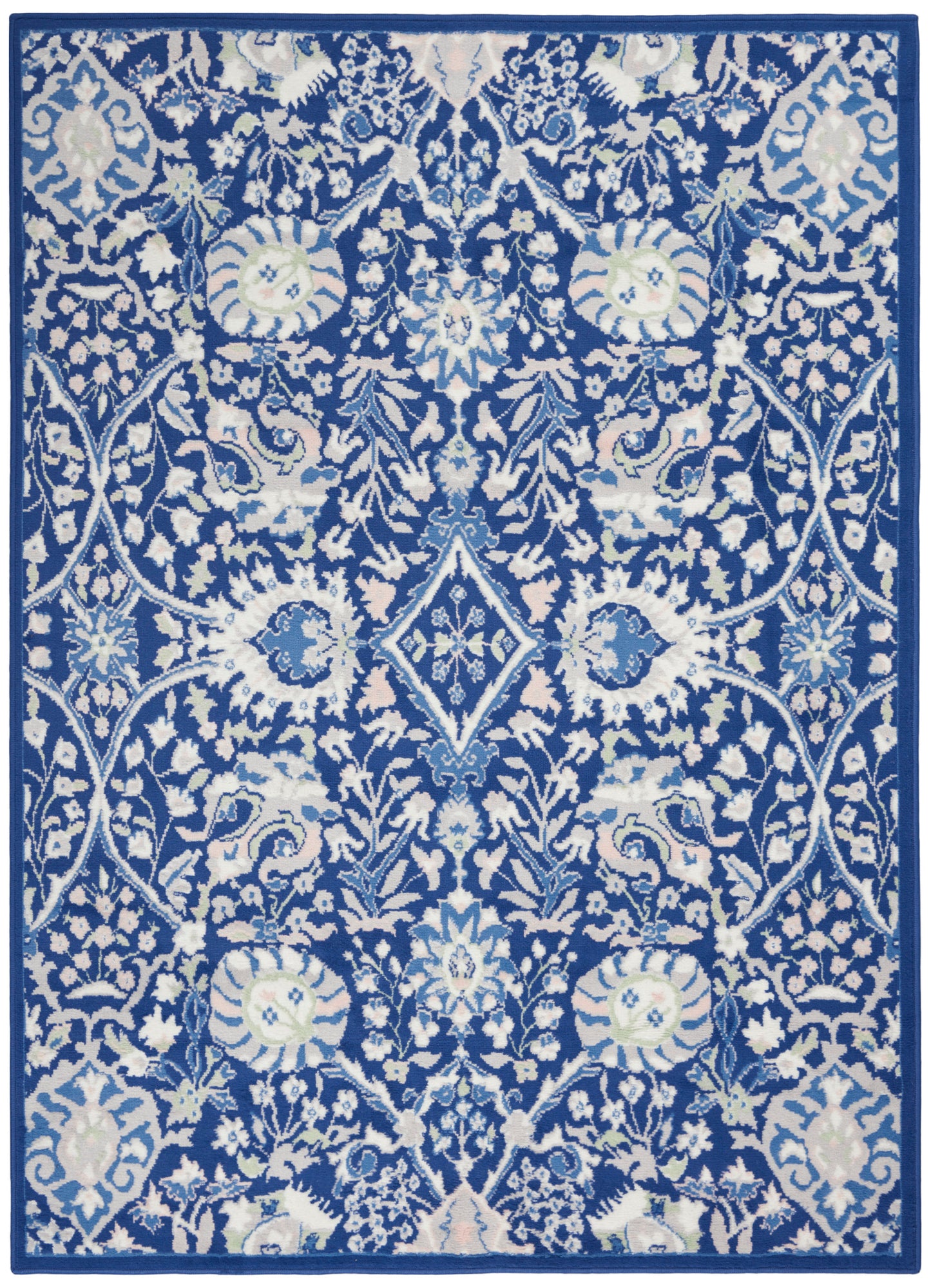 Rectangular blue and ivory area rug with intricate damask floral pattern and central medallion, Persian-inspired.