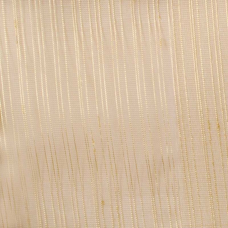 Beige woven fabric with thin gold vertical stripes and subtle texture; suitable for drapery.