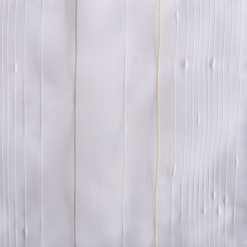 White pleated fabric with narrow vertical pintucks and pale beige piping along a seam.