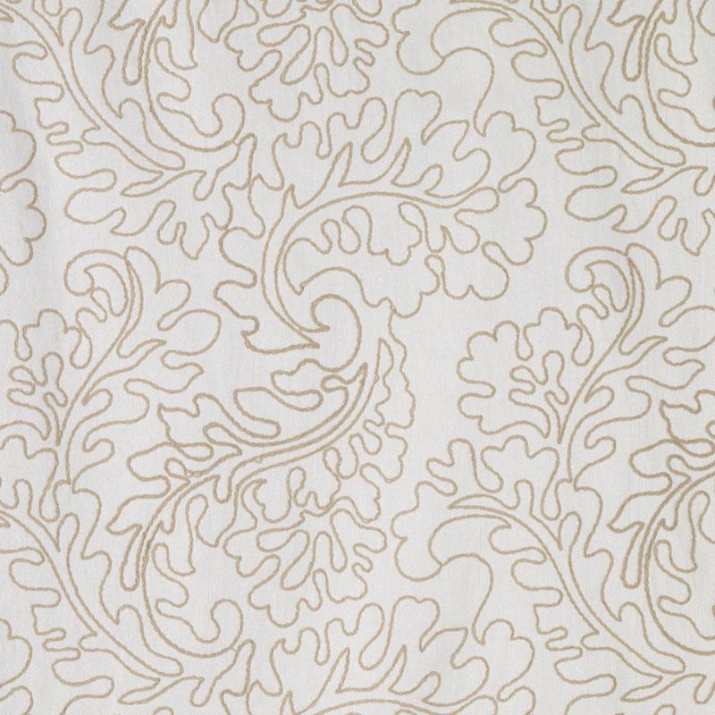 Beige damask scroll pattern on light cream background; ornate floral-inspired decorative motif.