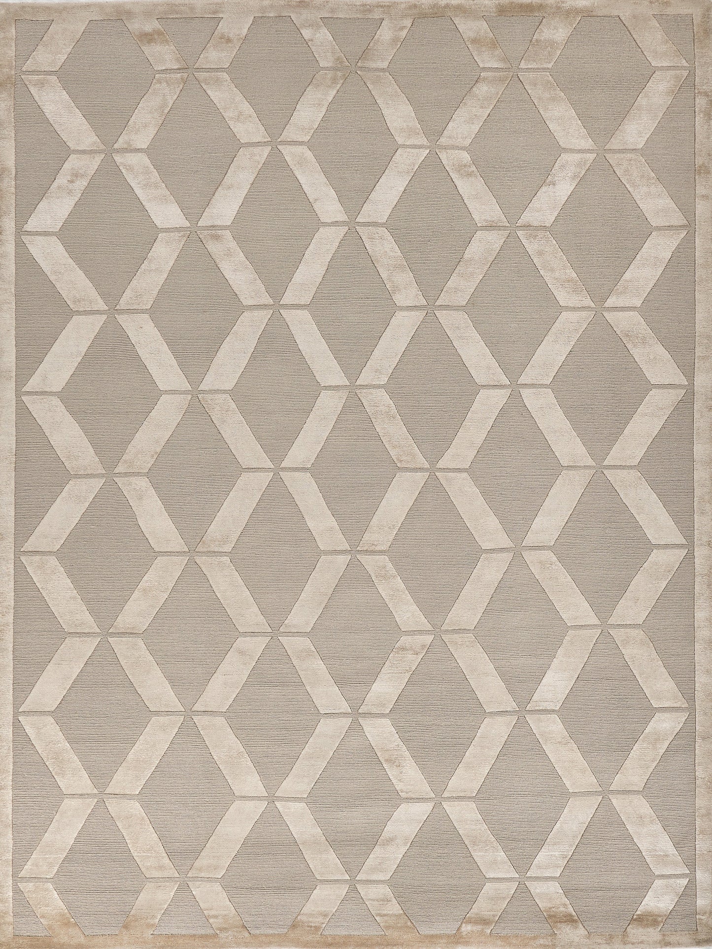 Geometric neutral hand-knotted velvet area rug with cream interlocking diamonds on taupe; plush pile, bordered edge, 6' x 9', modern living room.