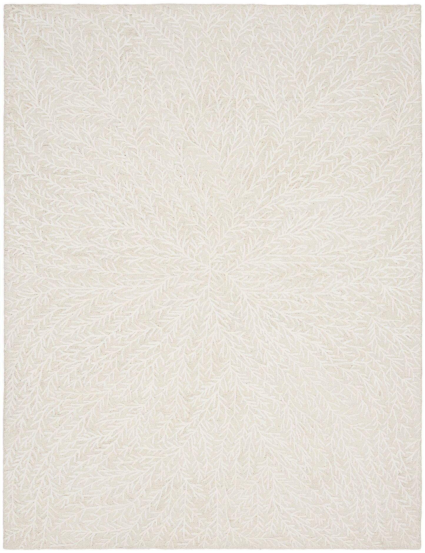 Cream ivory area rug with a raised, branching leaf pattern radiating from the center; soft, textured, contemporary decor.