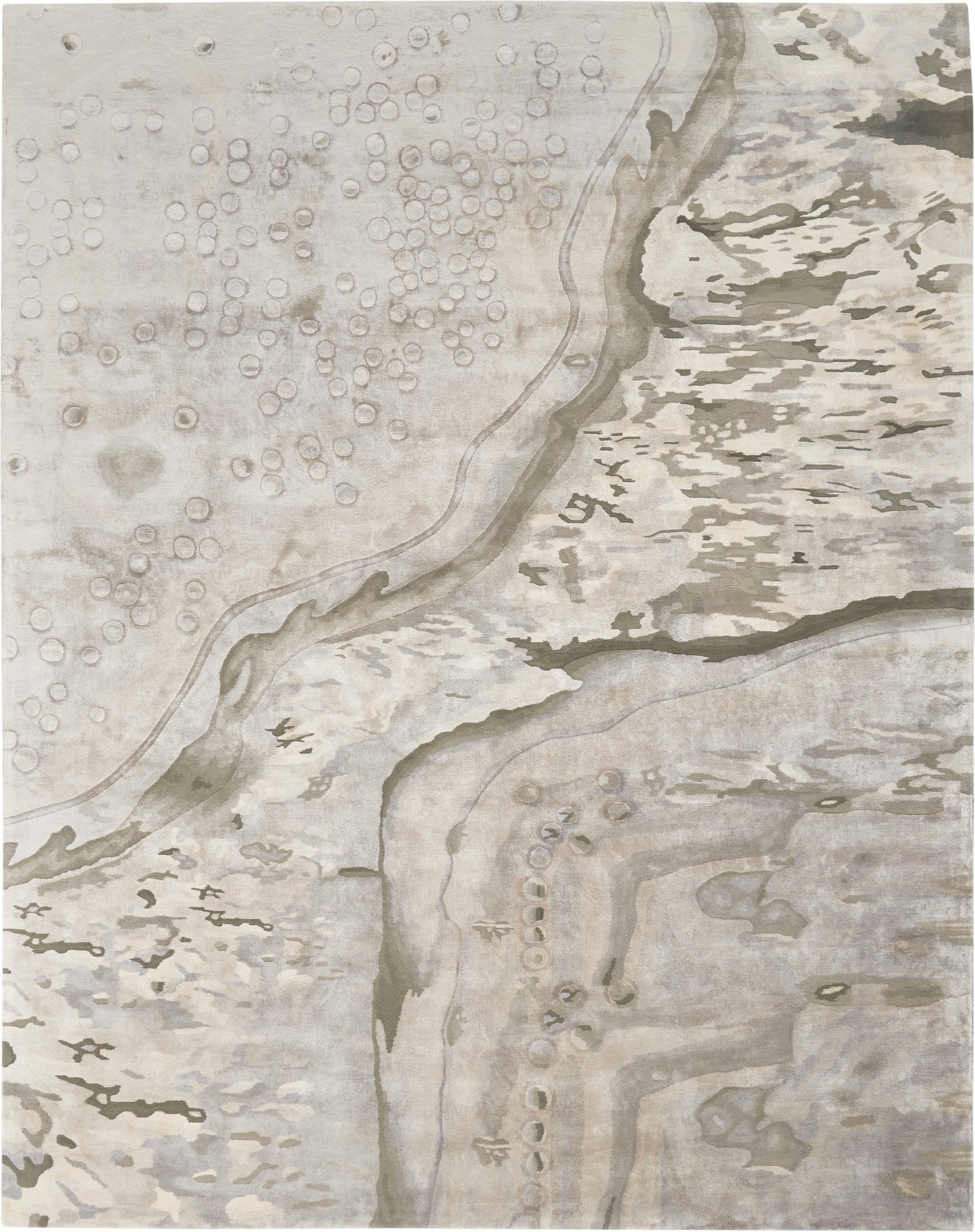 Neutral beige-gray abstract area rug with organic river-like curves and dotted circle motifs.