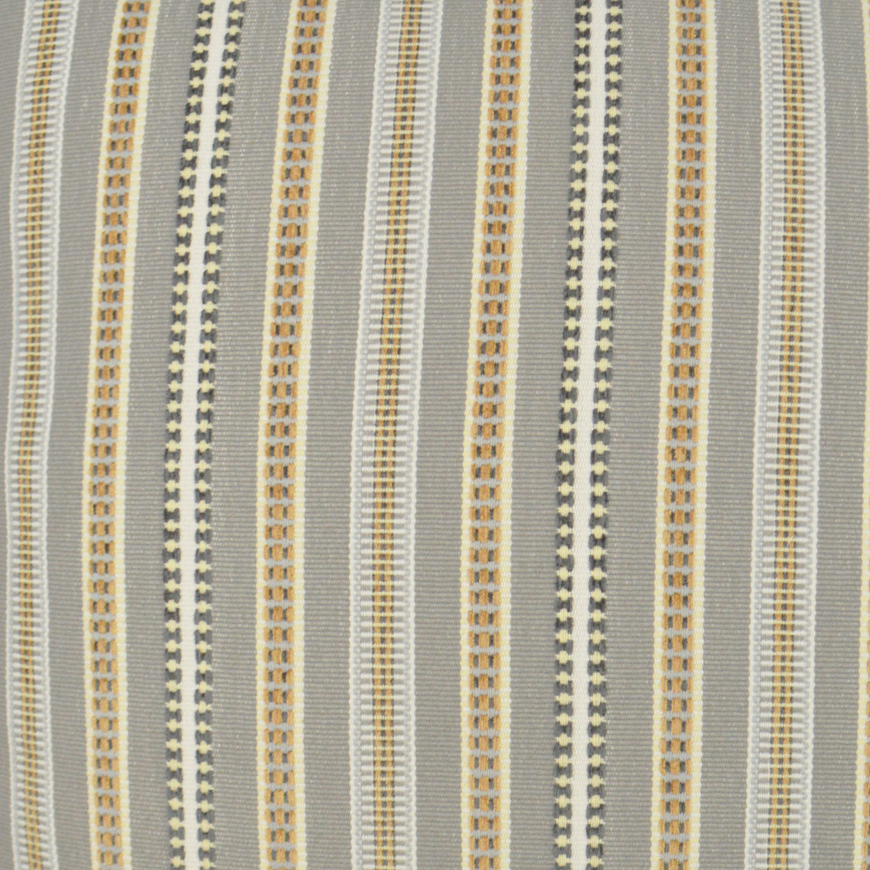 Gray woven fabric with vertical cream, gold and charcoal stripes; geometric dotted lines; upholstery textile.