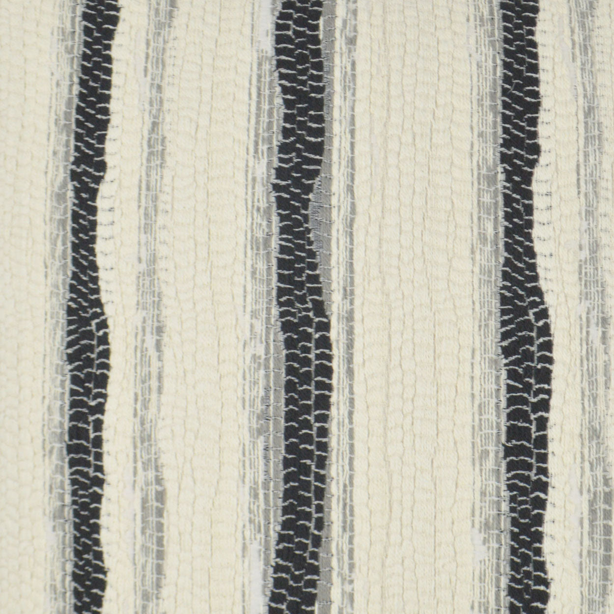 Cream pillow with a textured weave featuring vertical navy stripes and pale gray lines, 24 x 24 inches.