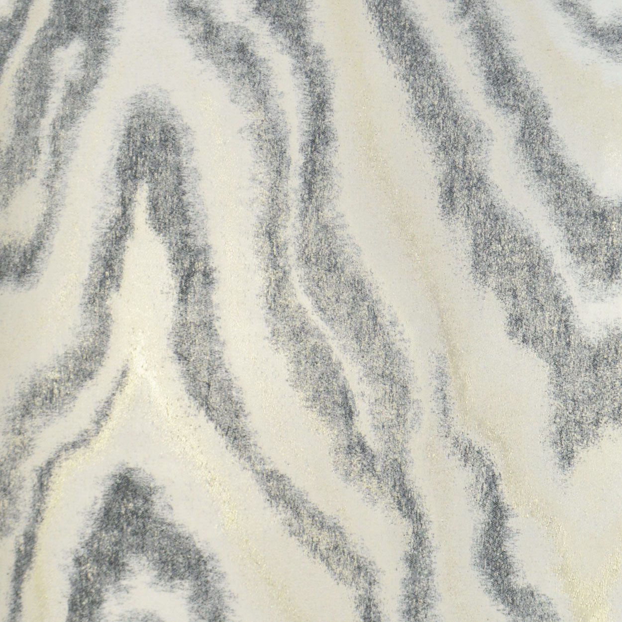 Cream and gray zebra-striped fabric with a soft textured look and flowing, abstract pattern.