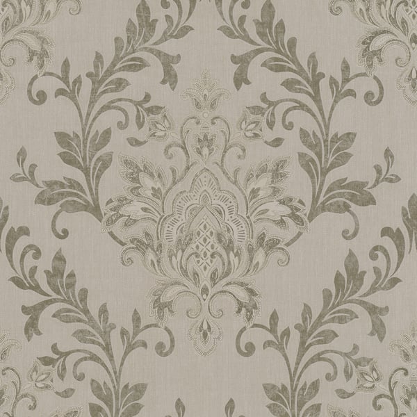 Beige linen-textured damask wallpaper with taupe ornate floral scrolls; classic elegant decor.