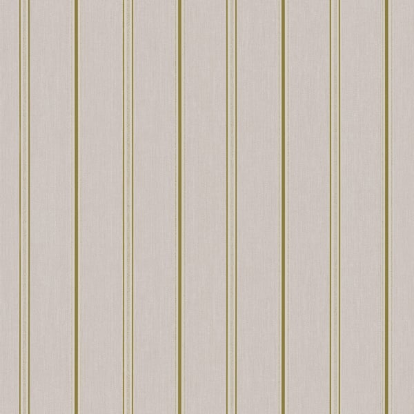 Beige linen-textured wallpaper with slim gold vertical stripes.
