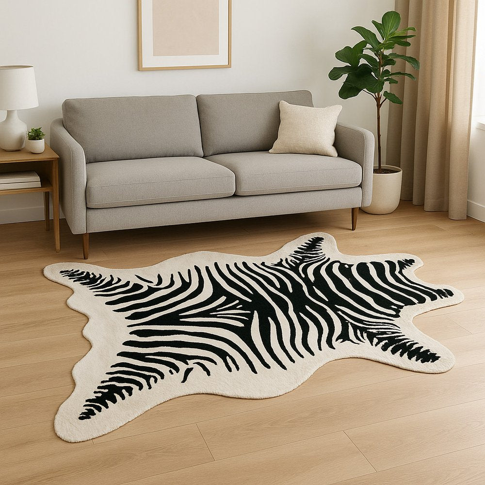 5' X 7' Black And White Faux Cowhide Zebra Print Area Rug