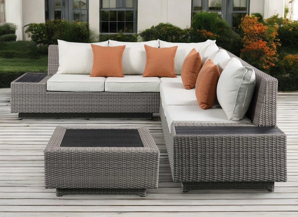 Beige Polyester Modular L Shaped Four Piece With Console And Toss Pillows