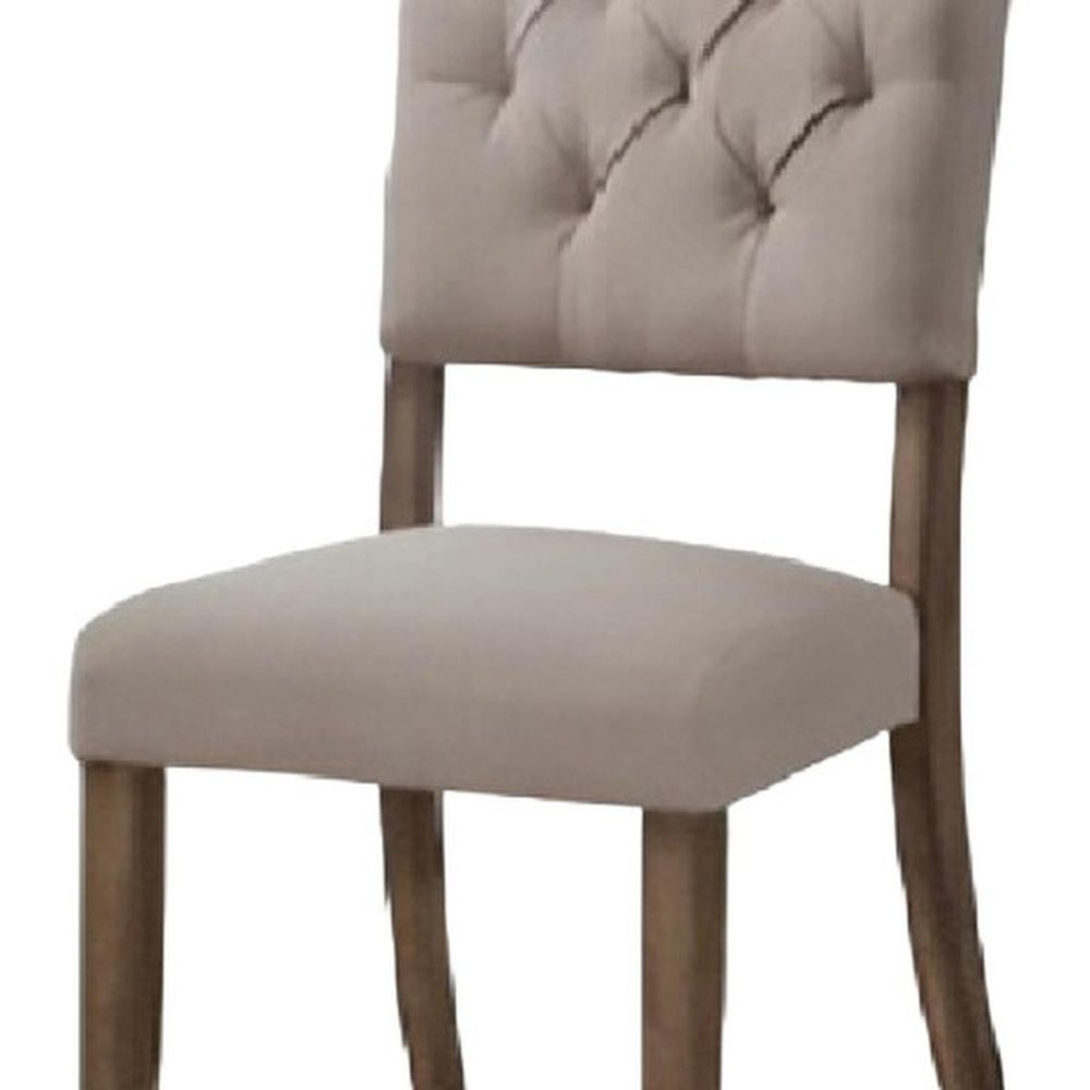 Set of Two Tufted Cream and Brown Upholstered Linen Open Back Dining Side Chairs