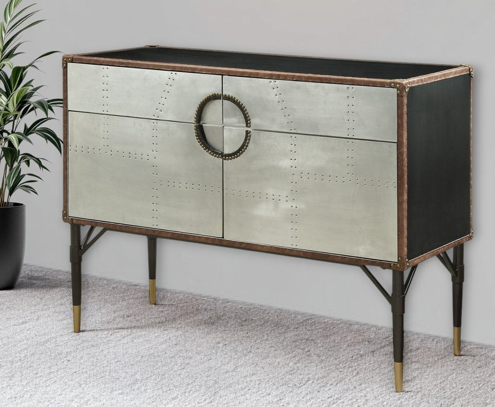 52" Brown Silver and Black Leather And Aluminum Console Table With Two Drawers