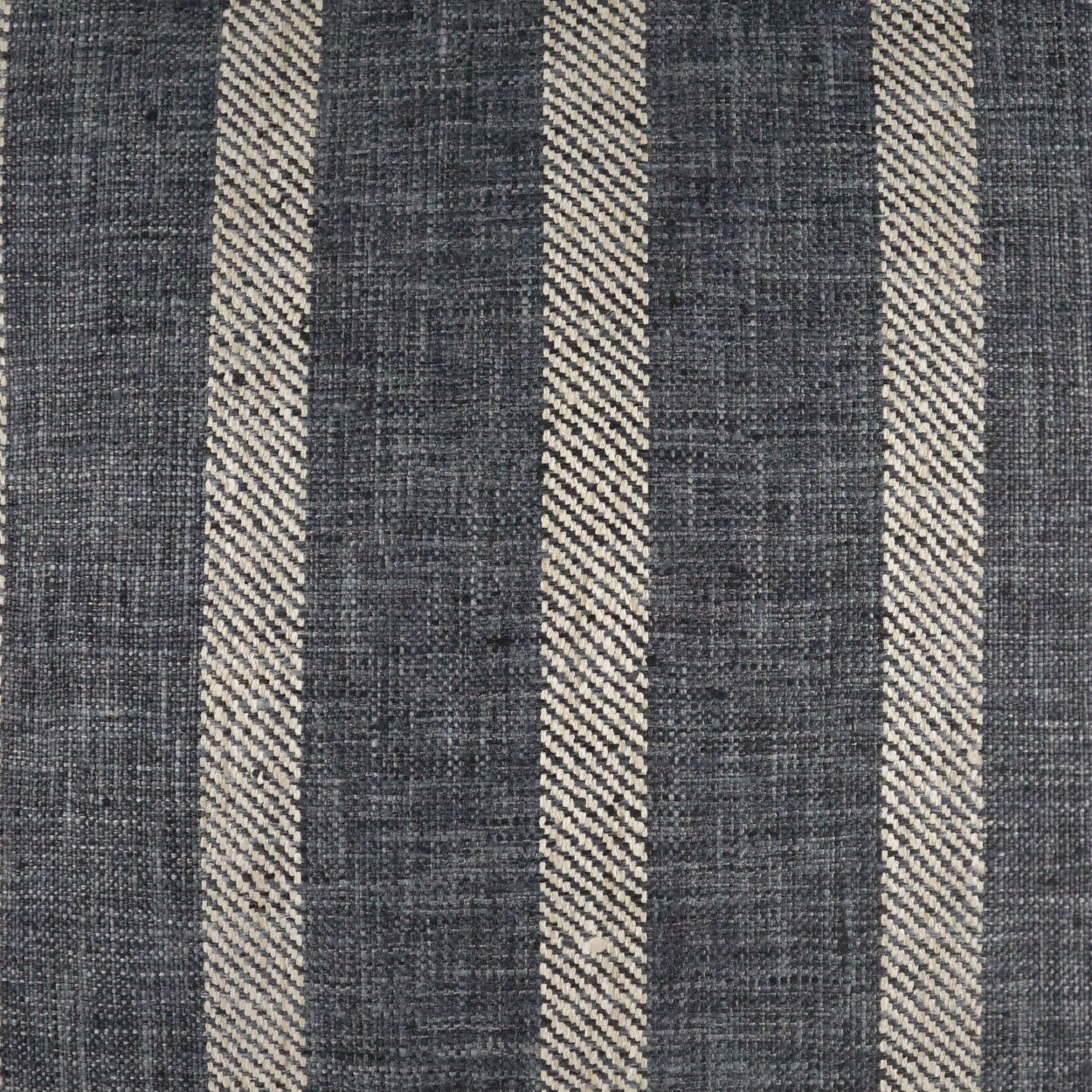 24" x 24" pillow with dark blue fabric and light beige vertical stripes; denim-inspired striped textile.