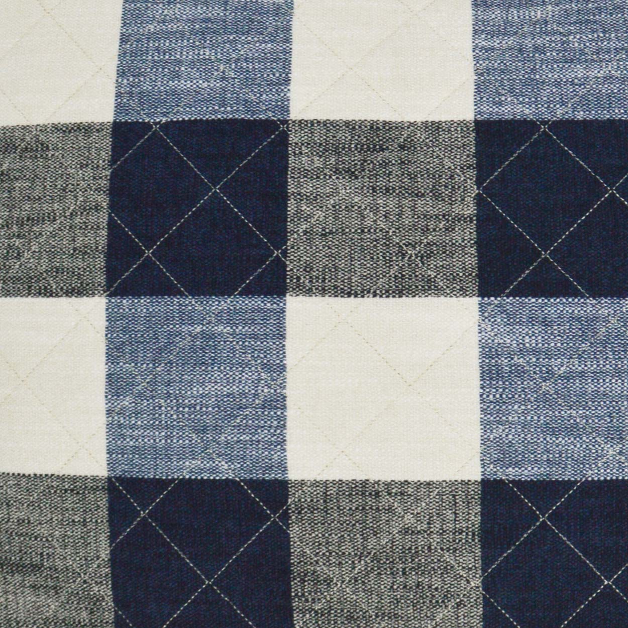Blue and white buffalo plaid pillow with dark navy squares and diagonal stitched diamonds, 24" x 24