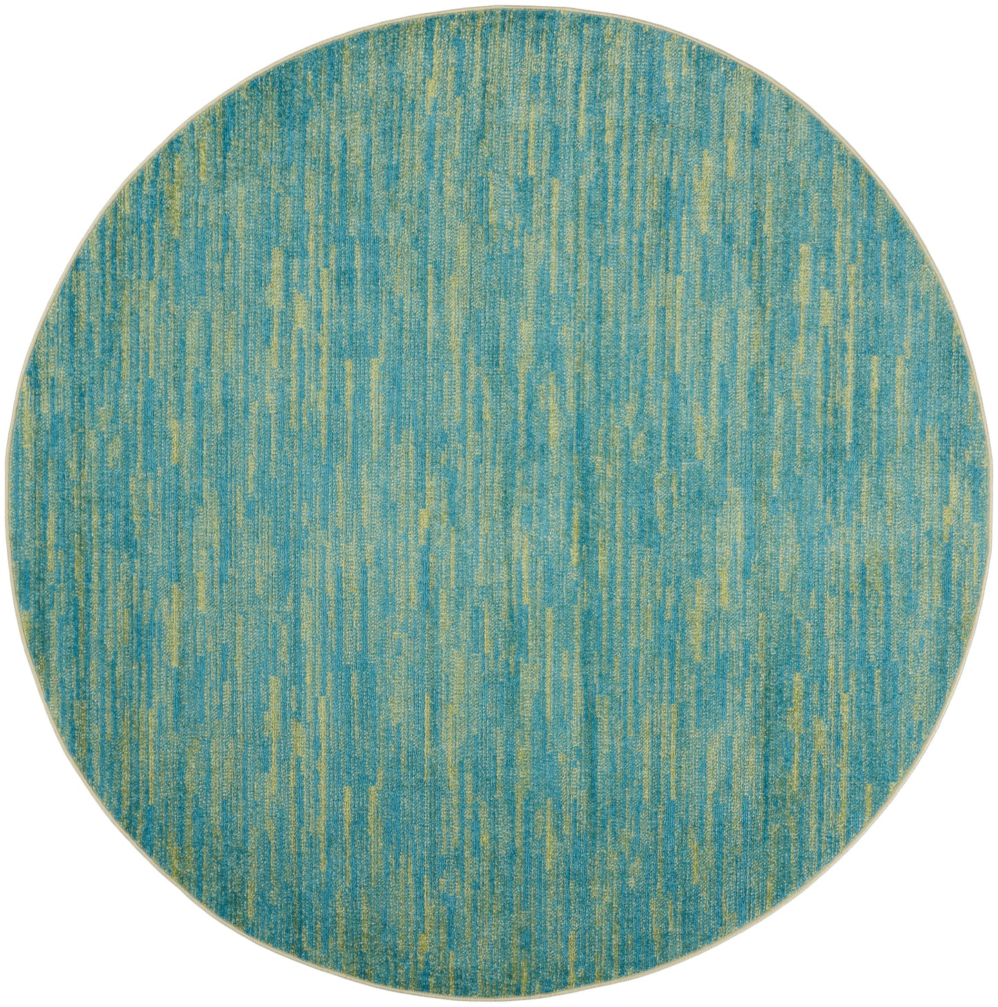 Round teal rug with vertical gold streaks and a woven texture.