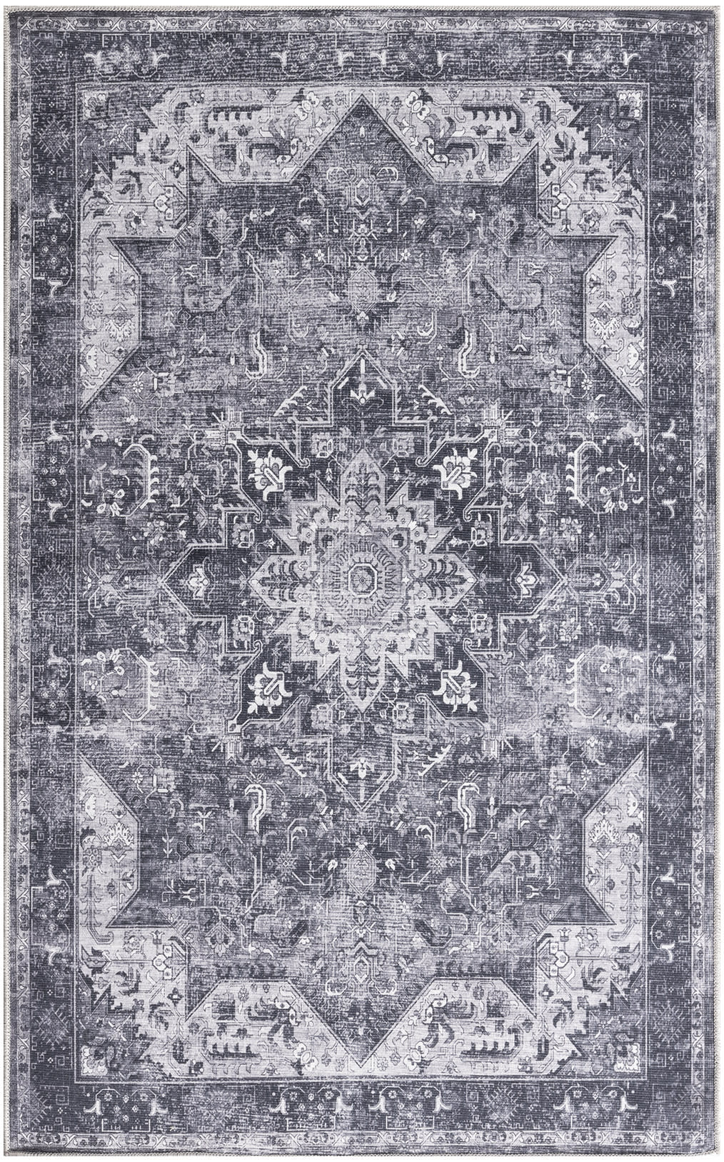 Distressed navy blue Persian-style area rug with central medallion and ornate border for living room decor