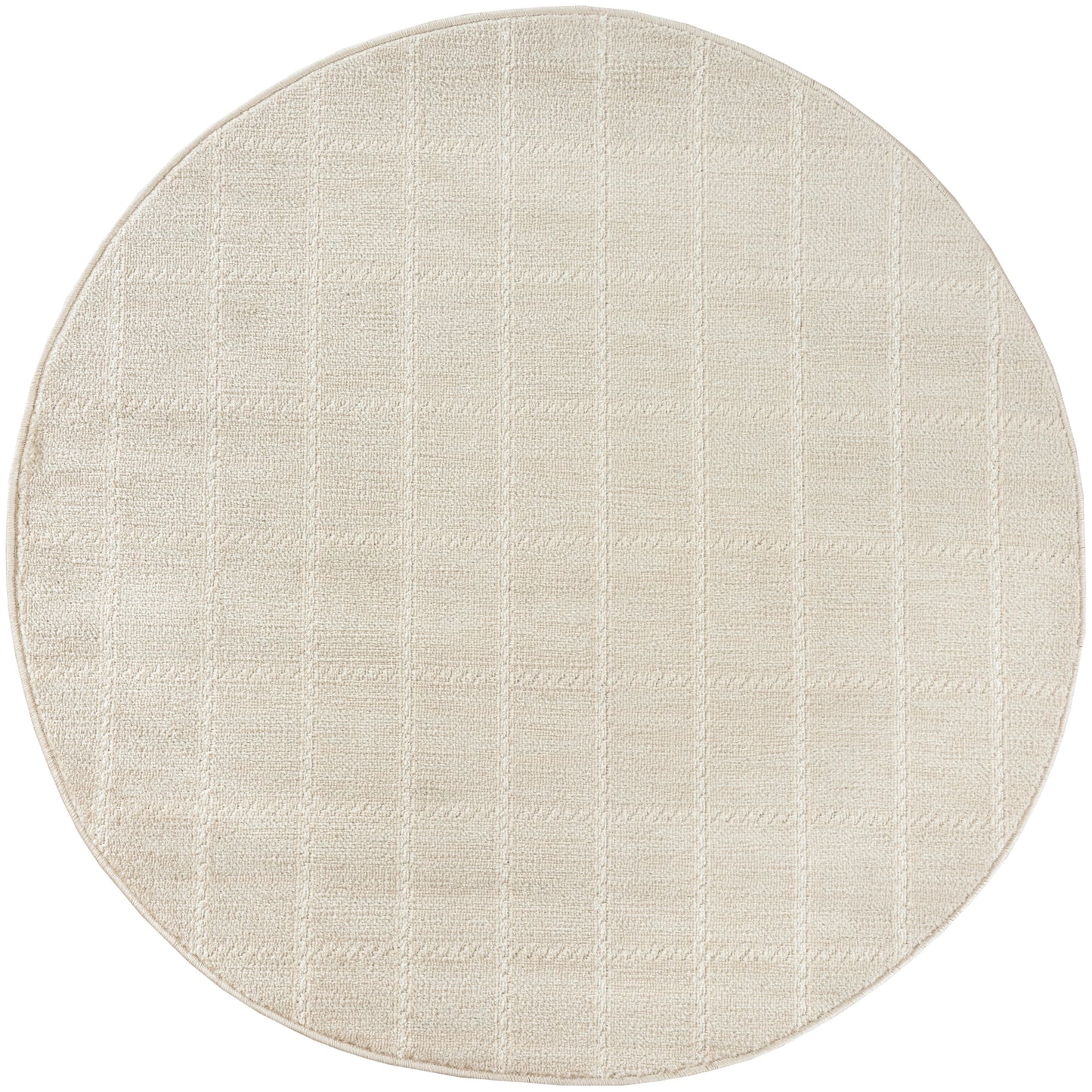 Round beige rug with a soft square-grid texture; neutral floor covering.