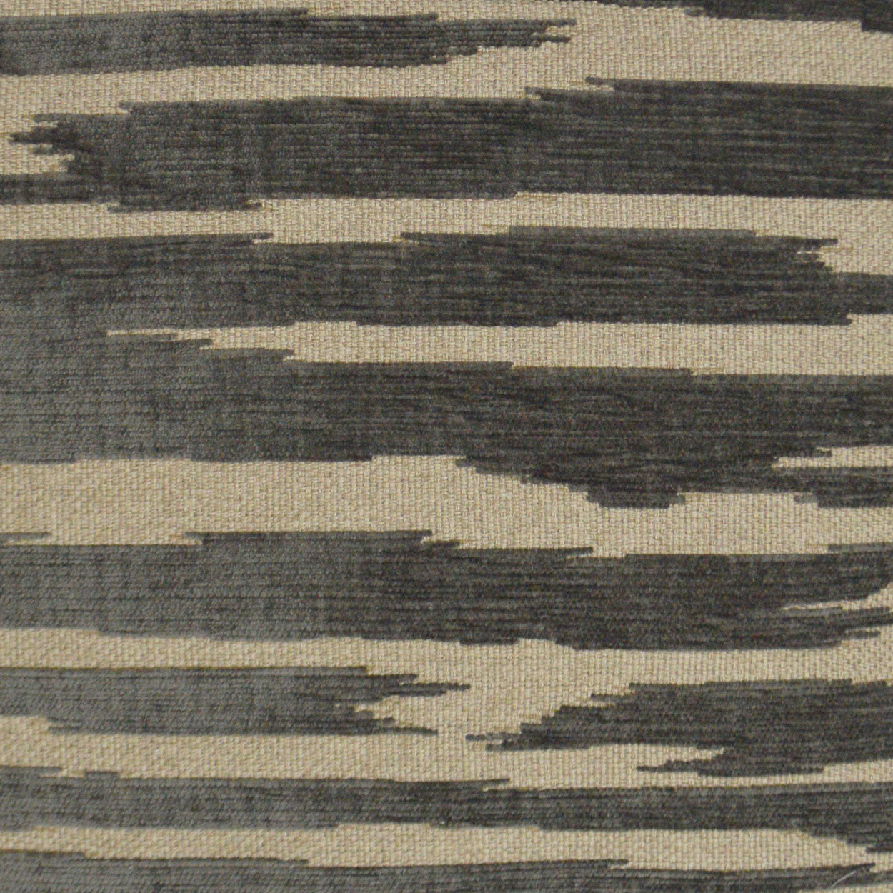 Beige woven fabric with charcoal-gray horizontal brushstroke pattern.