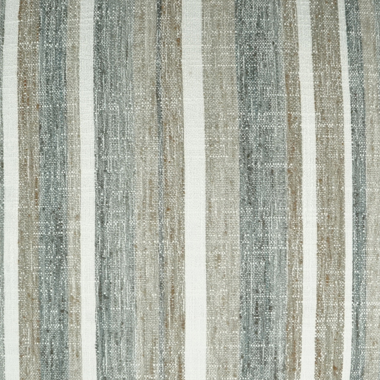 Woven fabric with vertical stripes in muted beige, gray, blue-gray and taupe tones.