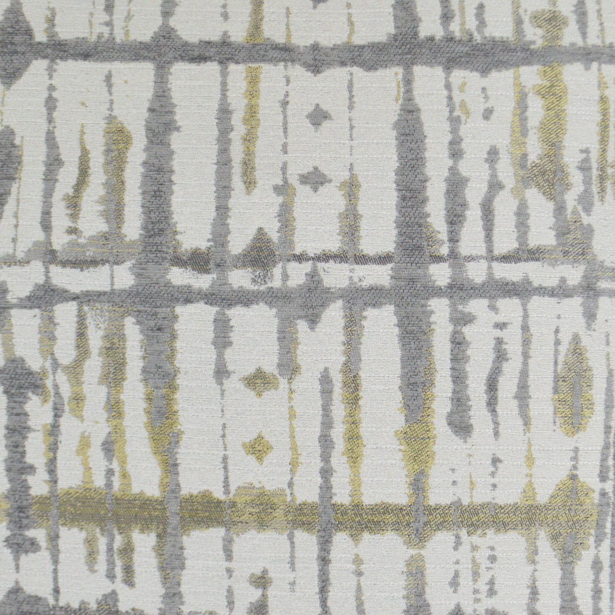 Grey and gold vertical brushstroke pattern on ivory fabric with a subtle gridlike geometric motif.