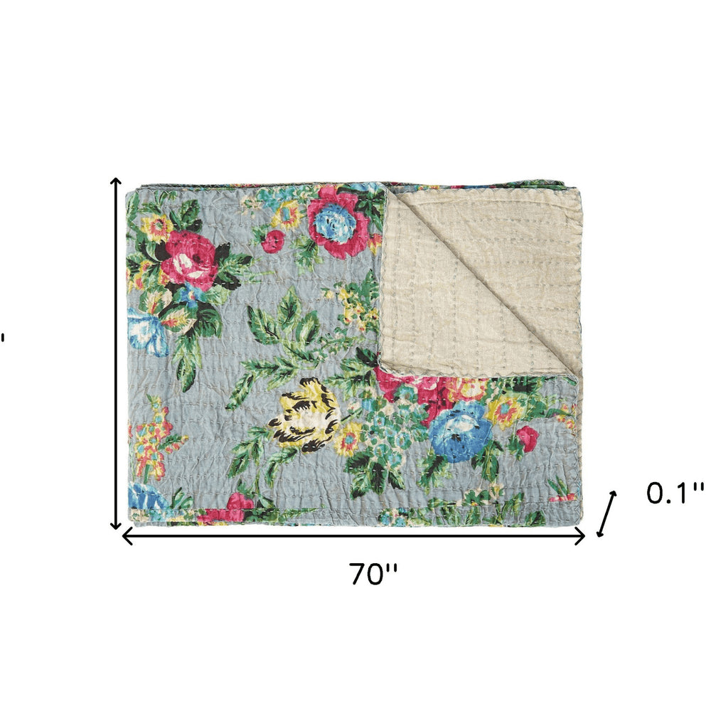 50" X 70" Pink Gray and Blue Kantha Cotton Floral Throw Blanket with Embroidery