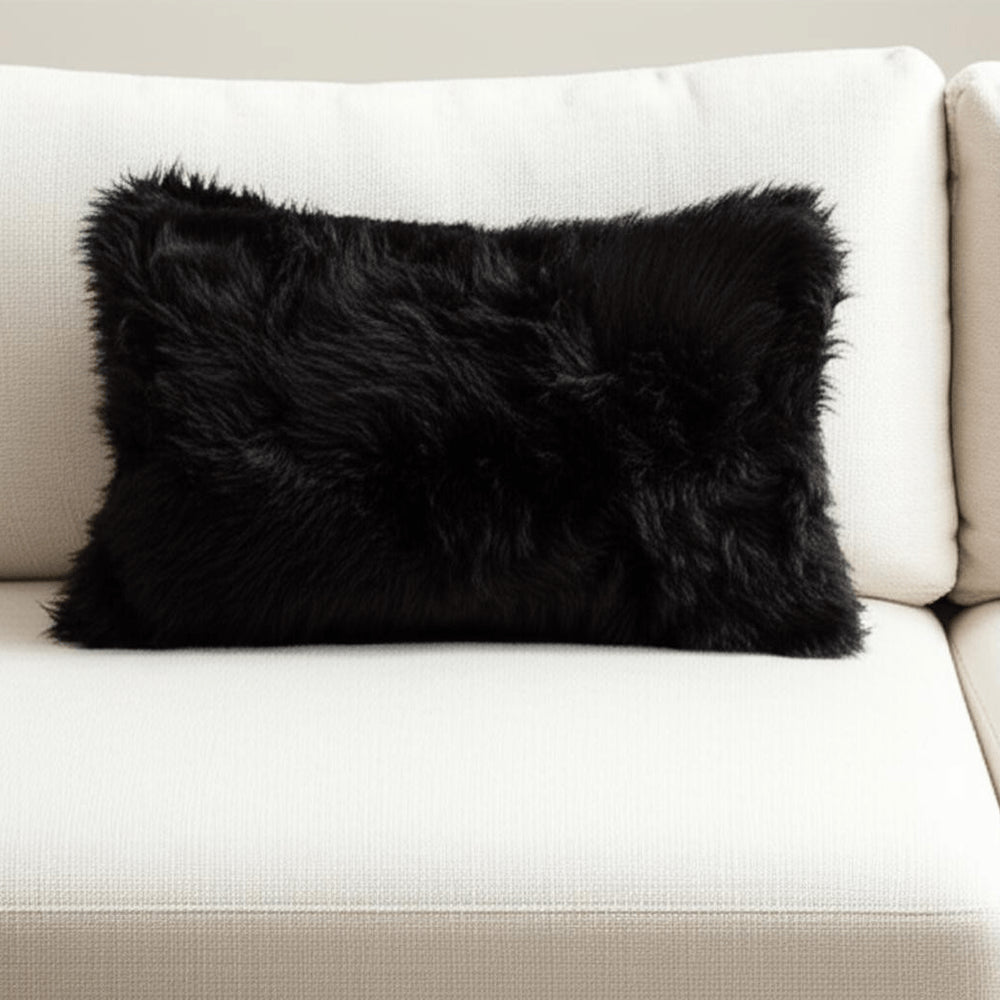 12" X 20" Black Sheepskin Lumbar Throw Pillow