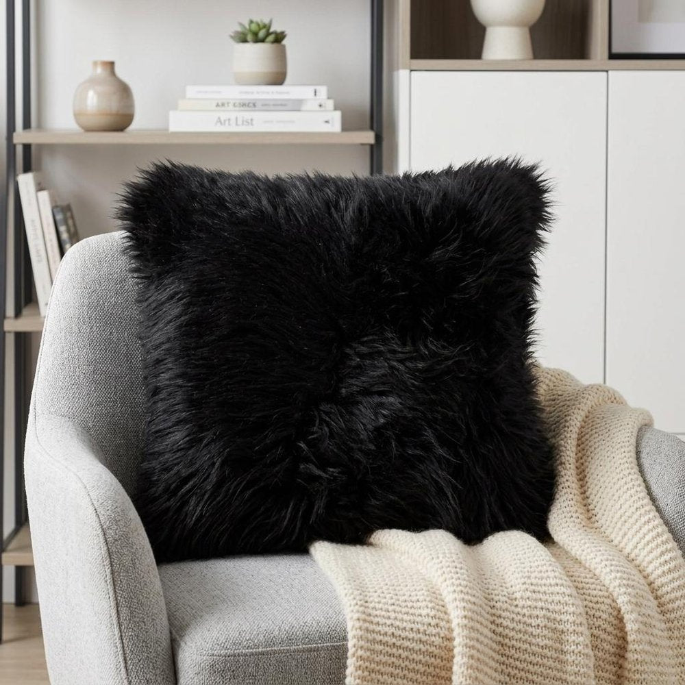 18" Black Sheepskin Throw Pillow